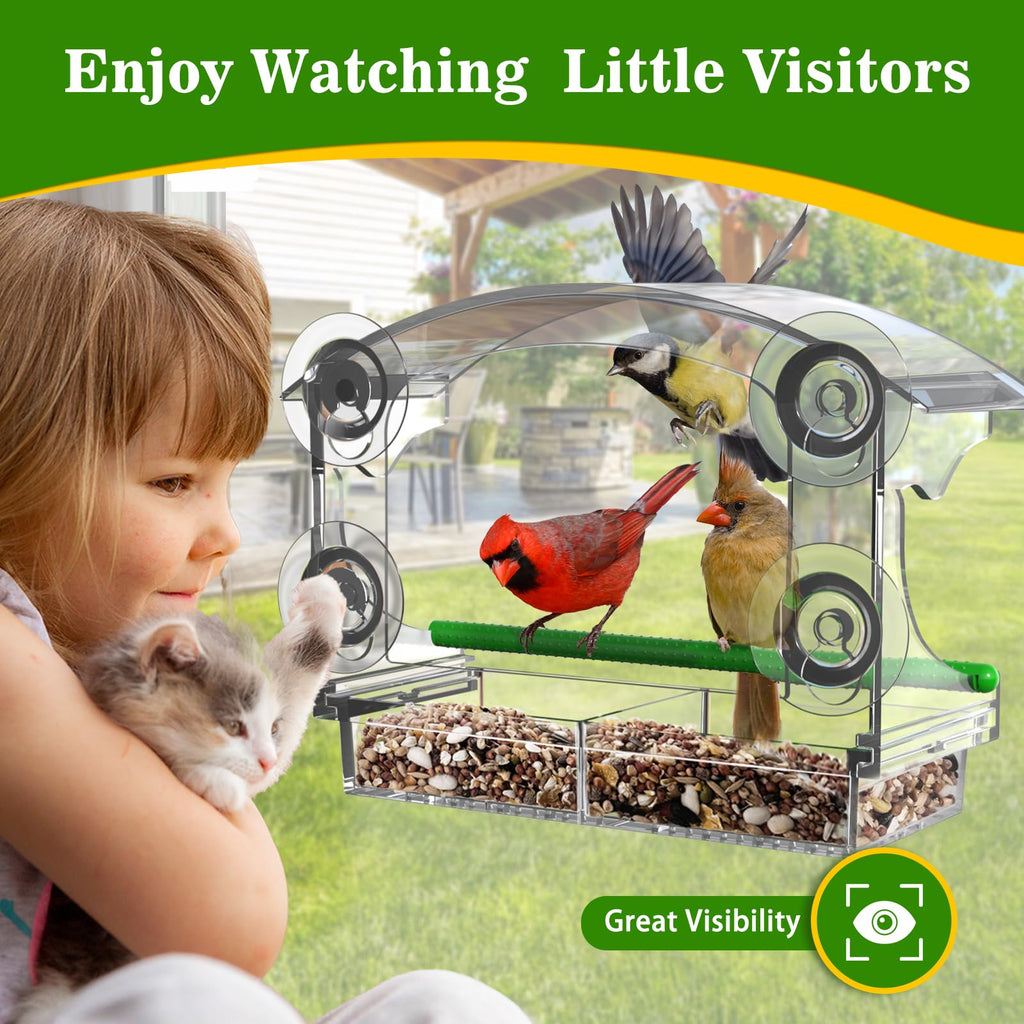 2 Pack Window Bird Feeder with Strong Suction Cups Durable and Sturdy Large Acrylic Clear Bird Feeder for Window Viewing, Bird House for Outdoors Window Viewing, Bird Watching Gifts for Elderly Kids