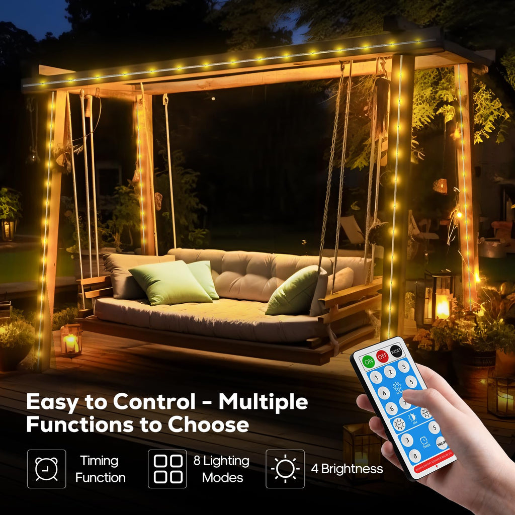 ICRGB Solar Rope Lights Outdoor, 66FT 200 LED Christmas Lights with Remote, Outdoor IP67 Waterproof 8 Modes Garden String Lights Decorative for Wedding Christmas Halloween Patio Porch Pool, Warm White