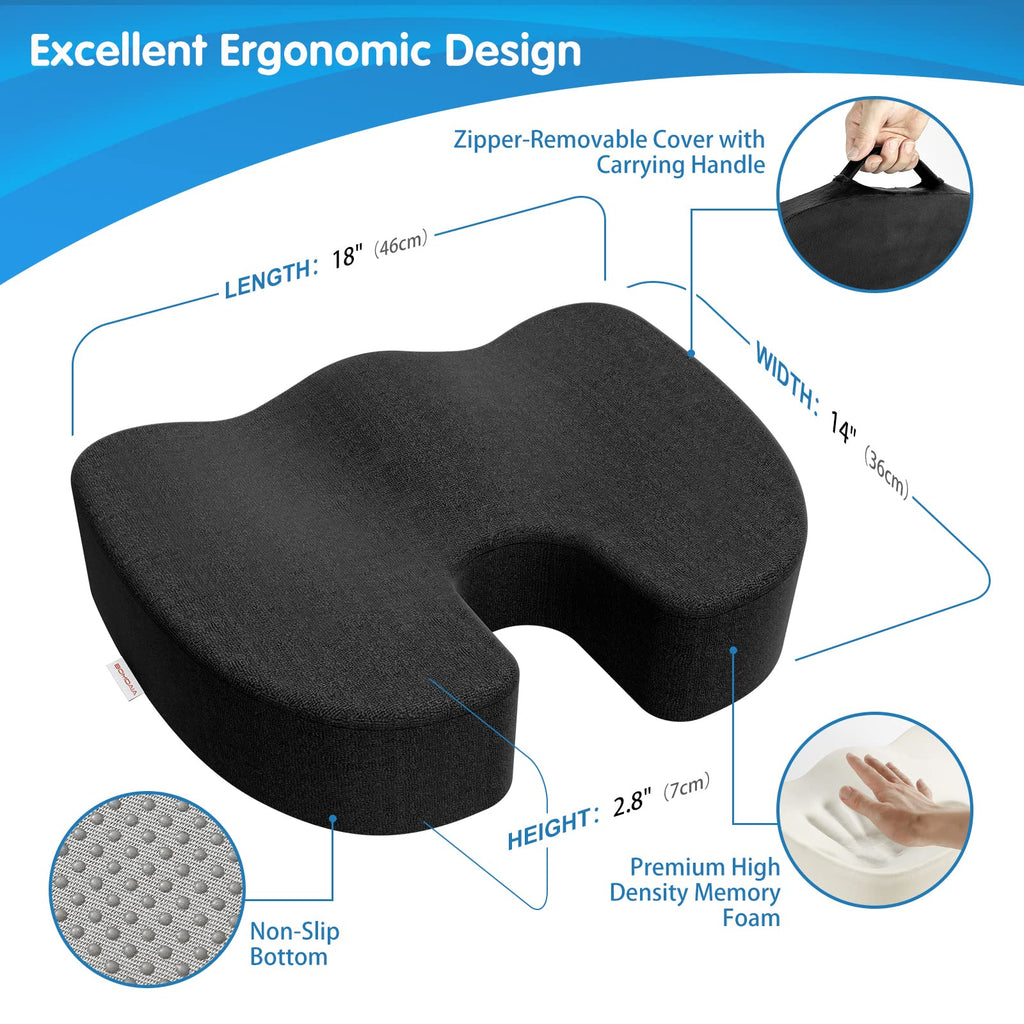 Bomdaia Seat Cushion Pillow for Office Chair, Desk Chair Car Cushion Pad for Tailbone Pain, Memory Foam Coccyx Seat Cushion for Sciatica, Back Pain Relief (Black)