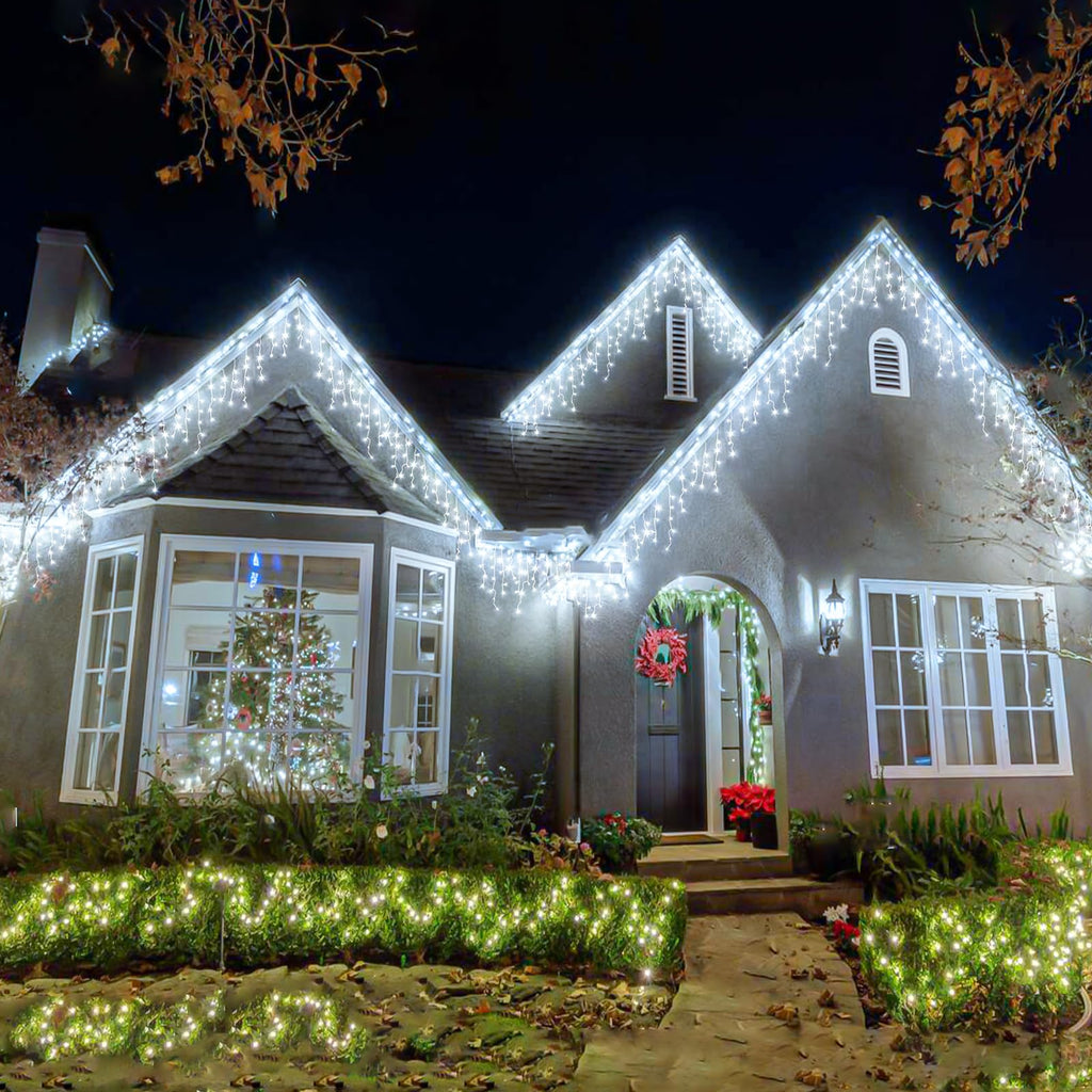 Icicle lights Outdoor - 33ft Christmas Lights with 400LED 75 Drops 8 Modes, Plug in Curtain String Lights Waterproof for Holiday Wedding Party Home Garden Bedroom Indoor Outdoor Decoration, Cool White