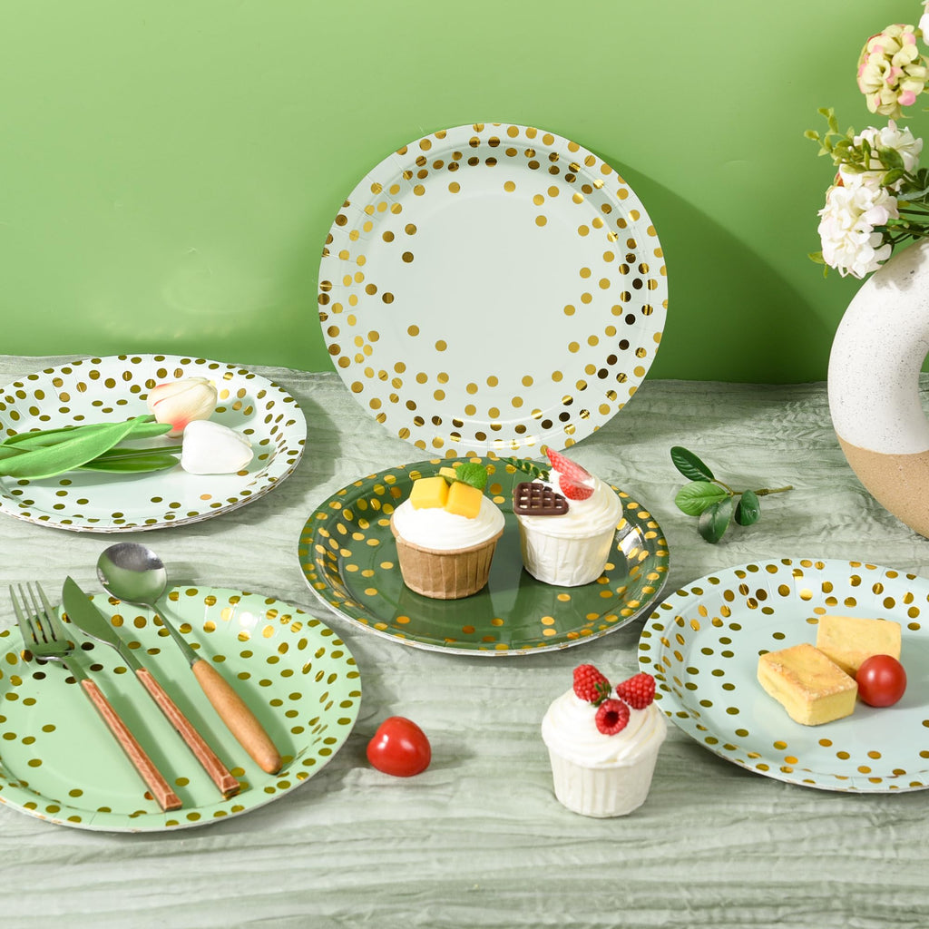 AimFun Sage Green Paper Plates Gradient Green and Gold Party Plates Disposable 9 Inch Bridal Baby Shower Round Dinner Plates for Birthday Wedding Party Supplies (48, Sage Green)
