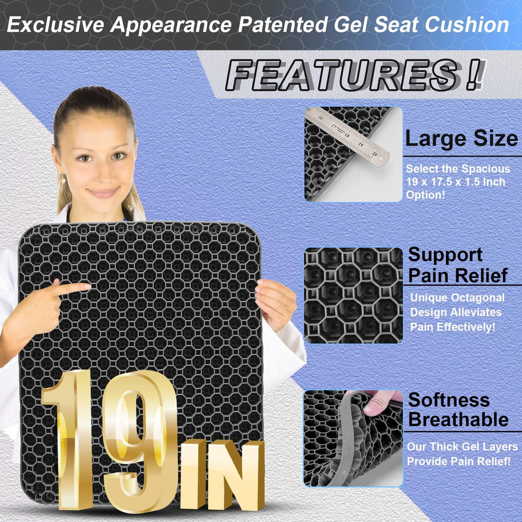 Airllantry Seat Cushion, Gel Seat Cushion for Long Sitting– Back, Sciatica, Tailbone Pain Relief Pad, 19in Seat Pad for Car, Office Chair, Wheelchair, Soft Support for Long Trips