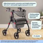 Medline Premium Empower Rollator Walker with Seat, Comfort Handles and Thick Backrest, Folding Walker for Seniors, Microban Protection, 8" Wheels, Black Frame