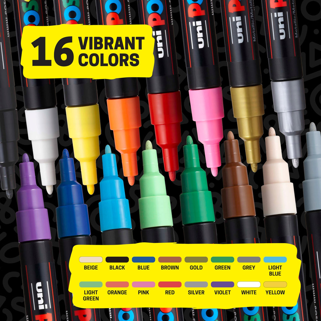 Posca Paint Markers, 3M Fine Tip Point Acrylic Paint Pens with Reversible Tips, Art Supplies For Gifts, Decorations Fabric, Metal, Glass, Wood and Canvas, Set of 16