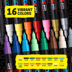 Posca Paint Markers, 3M Fine Tip Point Acrylic Paint Pens with Reversible Tips, Art Supplies For Gifts, Decorations Fabric, Metal, Glass, Wood and Canvas, Set of 16