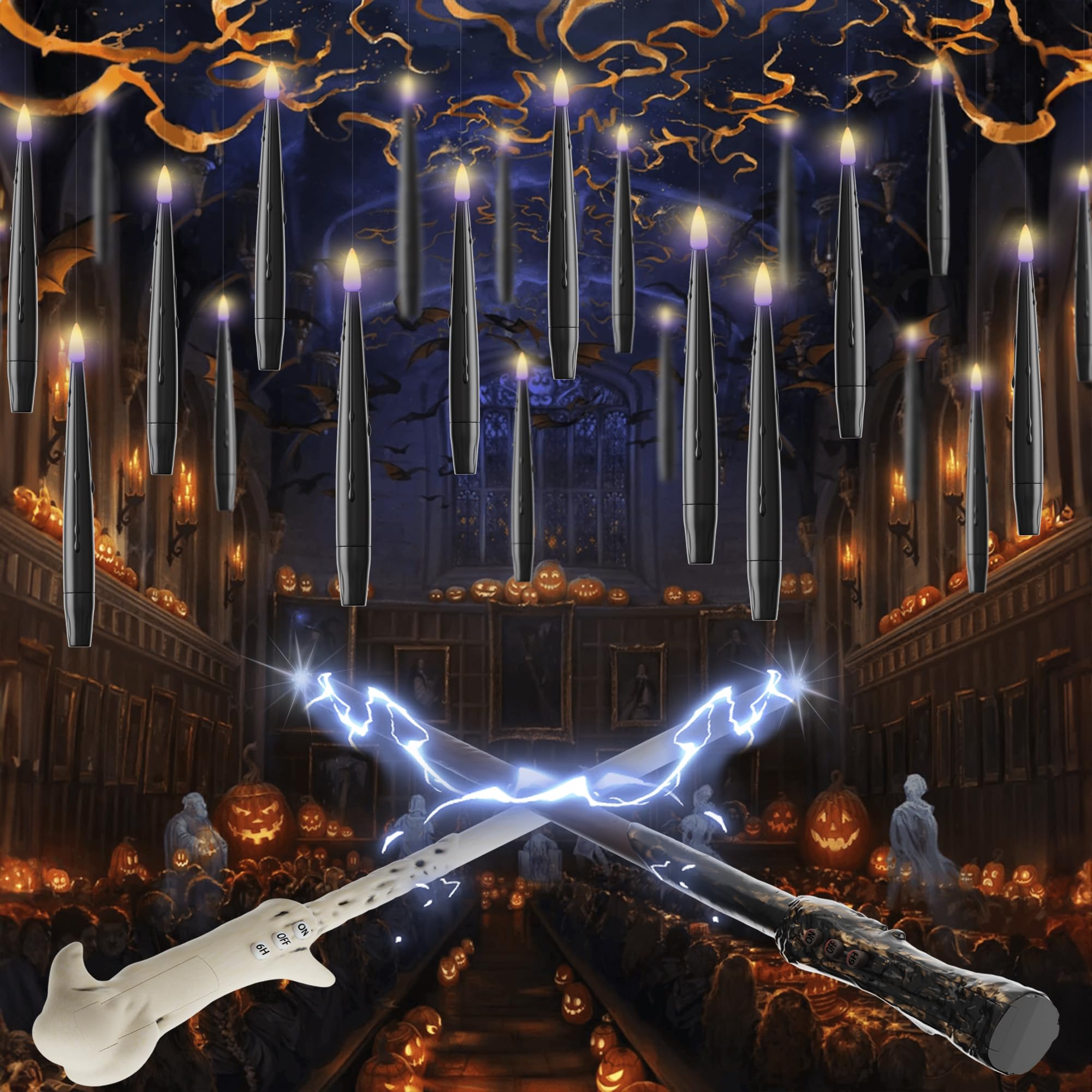 JOIONE Floating Candles with Wand, 20 Pack Halloween Flameless Candles Magic Hanging Taper Candles with 2 Wand Remotes, Battery Operated Candles for Halloween Christmas Birthday Party Decor Black