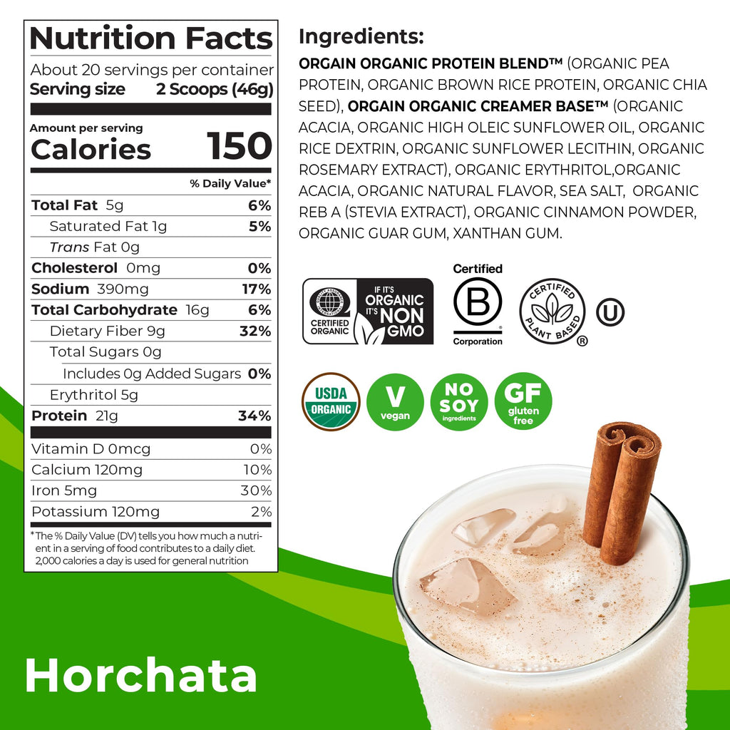 Orgain Organic Vegan Protein Powder, Horchata - 21g Plant Based Protein, 9g Prebiotic Fiber, Low Net Carb, No Lactose Ingredients, No Added Sugar, Non-GMO, For Shakes & Smoothies, 2.03 lb