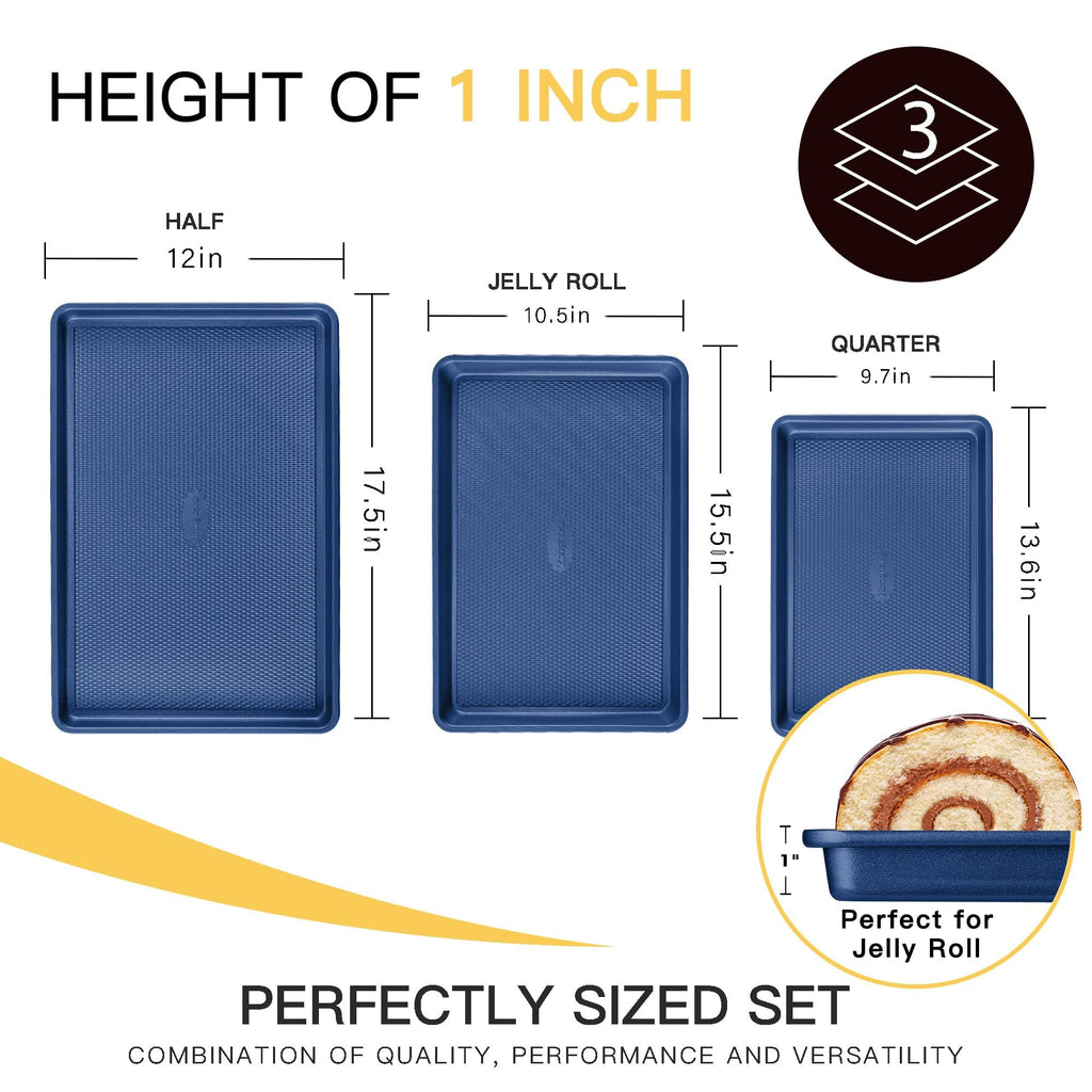 HONGBAKE Baking Sheet Pan Set, Cookie Sheets for Oven, Nonstick Half/Quarter/Jelly Roll Pans with Diamond Texture Pattern, Heavy Duty Cookie Tray, Dark Blue