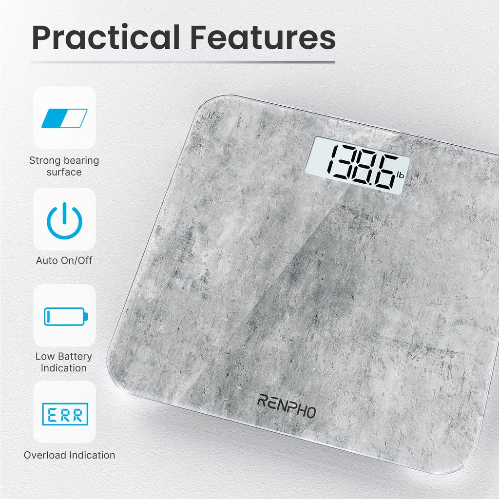 RENPHO Mechanical Bathroom Scales, Highly Accurate Body Weight Scale with Lighted LED Display, Round Corner Design, 400 lb, Core 1S, Cement Pattern