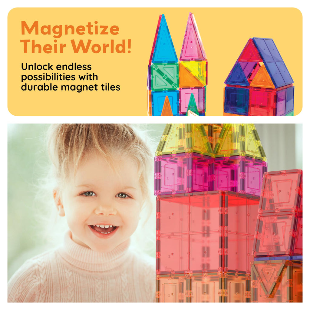 PicassoTiles Magnetic Tiles 60pcs Kids Toys Classroom Sensory Toy for Toddlers STEM Learning Building Blocks, Montessori Pretend Play Magnet Tile Construction Stacking Block Boys Girls Ages 3+ PT60