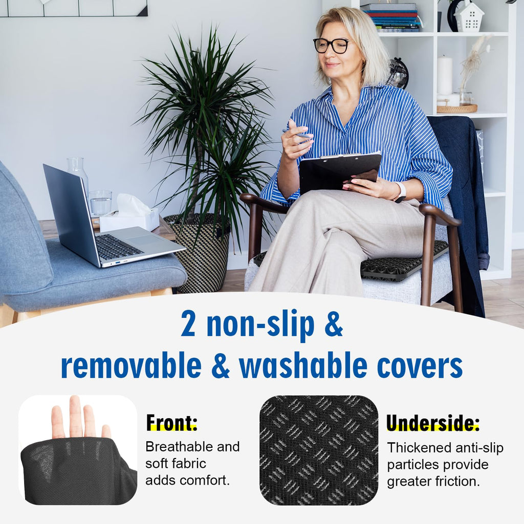 Seat Cushion, Gel Seat Cushion, Breathable Cool Suitable as Office Chair Cushion, Car Seat Cushion, Wheelchair Cushion, Large Size, Strong Support, Relieve Sciatica and Backache, 2 Anti-Slip Covers