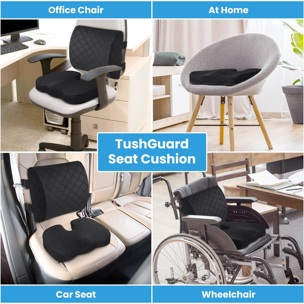 TushGuard Back&Seat Cushion, Car Seat Office Chair Cushions, Sciatica & Back Coccyx Tailbone Discomfort Easing Chair Pad, Memory Foam Lumbar Support Pillow for Desk, Wheelchair, Driving (Black)
