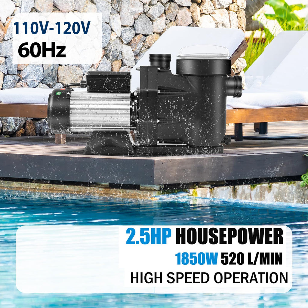 Leomru 2.5 HP Pool Pump 8880 GPH Self Priming in/Above Ground Swimming Pool Pump 110V Single Speed Pumps with Strainer Basket 4Pcs Connectors