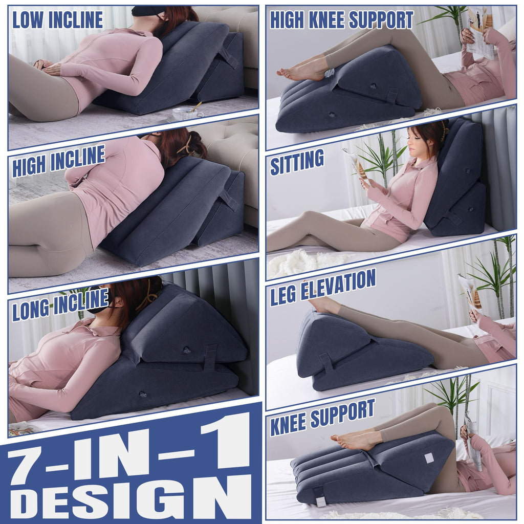 HOMBYS Adjustable Inflatable Bed Wedge Pillow for Sleeping, 7 in 1 Multi Use Back Pillow for Bed Sitting Up, 10 inch Elevated Support Pillow for Legs & Back, Portable for Travel-30"x22"x10", Blue