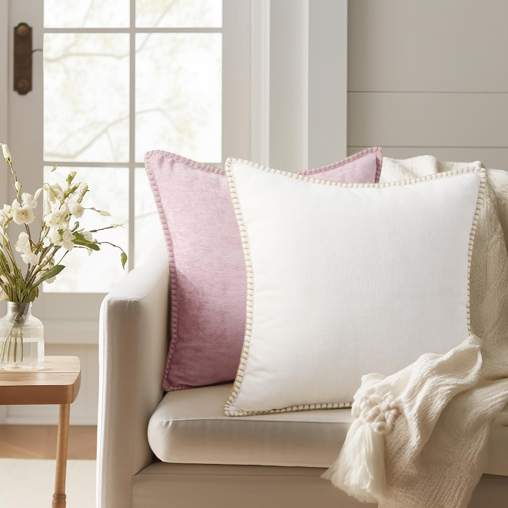 decorUhome Christmas Chenille Soft Throw Pillow Covers 18x18 Set of 2, Farmhouse Velvet Pillow Covers, Decorative Square Pillow Covers with Stitched Edge for Couch Sofa Bed, Cream White