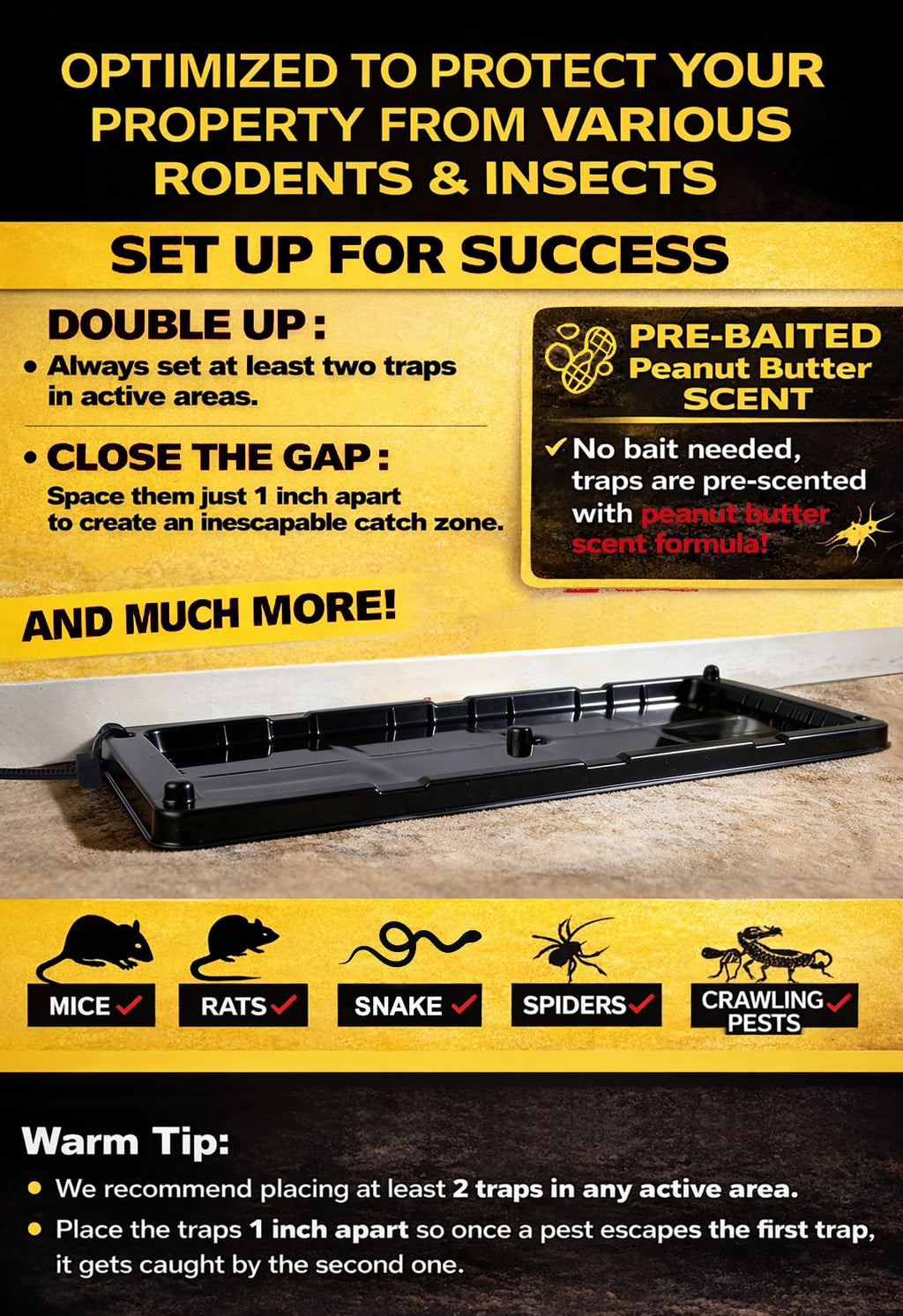 Large Rat Glue Traps for House Indoor 12 Pack – Touch-Free Zip Ties & Gloves Included Bulk Glue Traps for Mouse, Spiders, Snakes, Mice with Enhanced Adhesive, Pre-Baited Formula for Pest Control