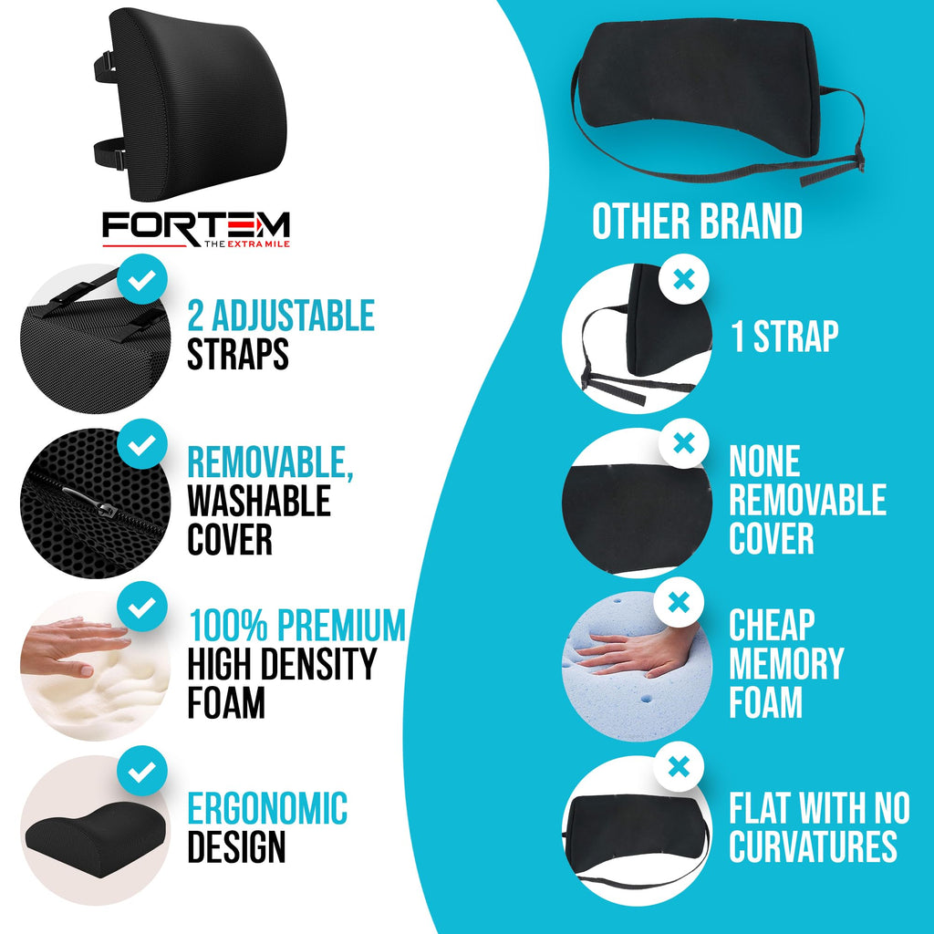 FORTEM Lumbar Support Cushion, Back Support for Office Chair and Car Seat, Back Rest for Gaming Chair, Memory Foam Pillow, Desk Chair Cushion, Breathable & Washable Cover, Adjustable Straps