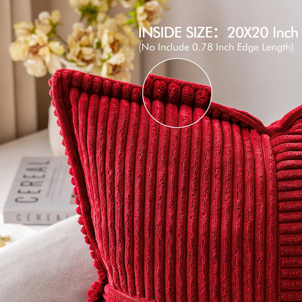 MIULEE Red Corduroy Pillow Covers with Splicing Set of 2 Super Soft Boho Striped Christmas Pillow Covers Broadside Decorative Textured Throw Pillows for Couch Cushion Livingroom 20x20 inch
