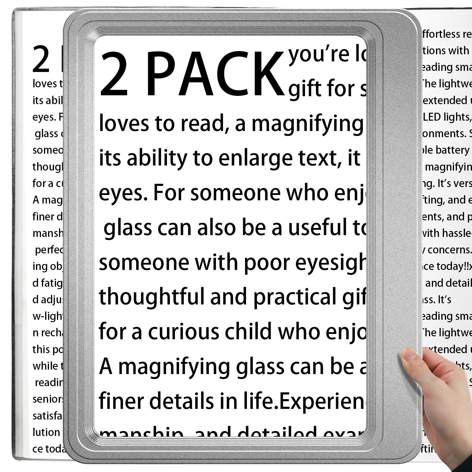 [2 Pack] 5X Magnifying Glass for Reading Large Page Viewing Area Magnifiers Lightweight Handheld Magnifier for Reading Seniors and Low Vision Person Silver