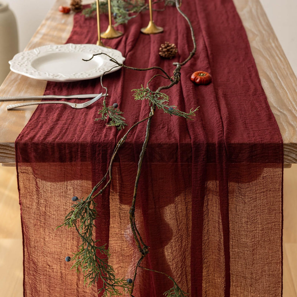 Keketo 6pcs Christmas Burgundy Cheesecloth Table Runner Gauze 120 Inch 10 FT Rustic Boho Cheese Cloth Runner for Wedding Baby Shower Bridal Shower Engagement Birthday Party Long Sheer Home Decorations