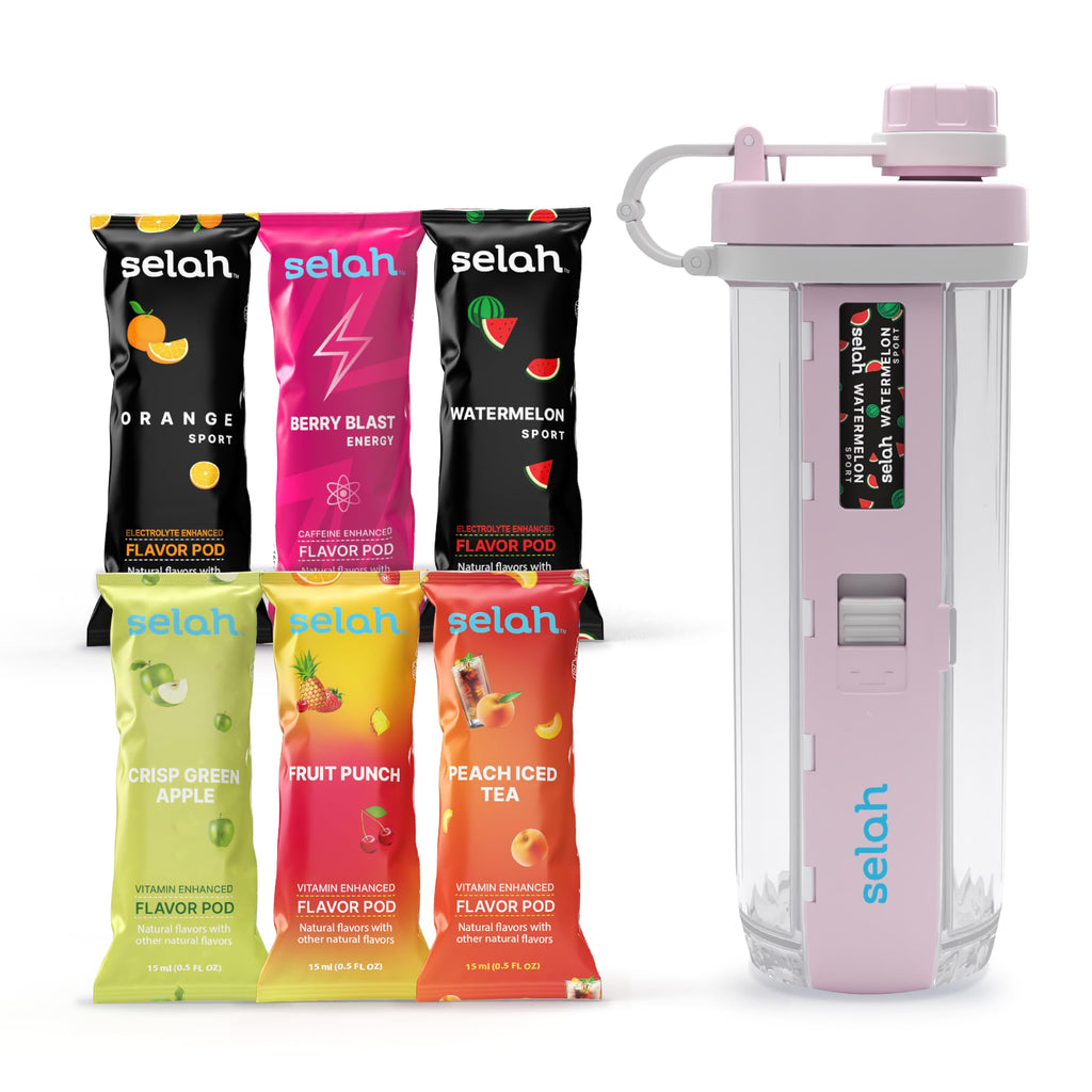 Selah Flavored Water Bottle - Water Enhancer, Sugar Free, Vitamin Infused Water - 20oz Water Bottle With Flavor Pods Included - Energy Drink, Strawberry, and Sports Drink Pods (Pink, 6 Flavor Pod)