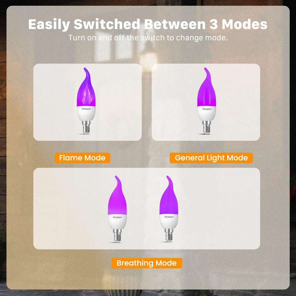 Hompavo 【Upgraded LED Flame Light Bulbs, 3 Modes Flickering Light Bulbs, E12 Chandelier Base Candle Fire Light Bulb for Halloween Christmas Party Porch Indoor & Outdoor Home Decoration, Purple 6 Pack