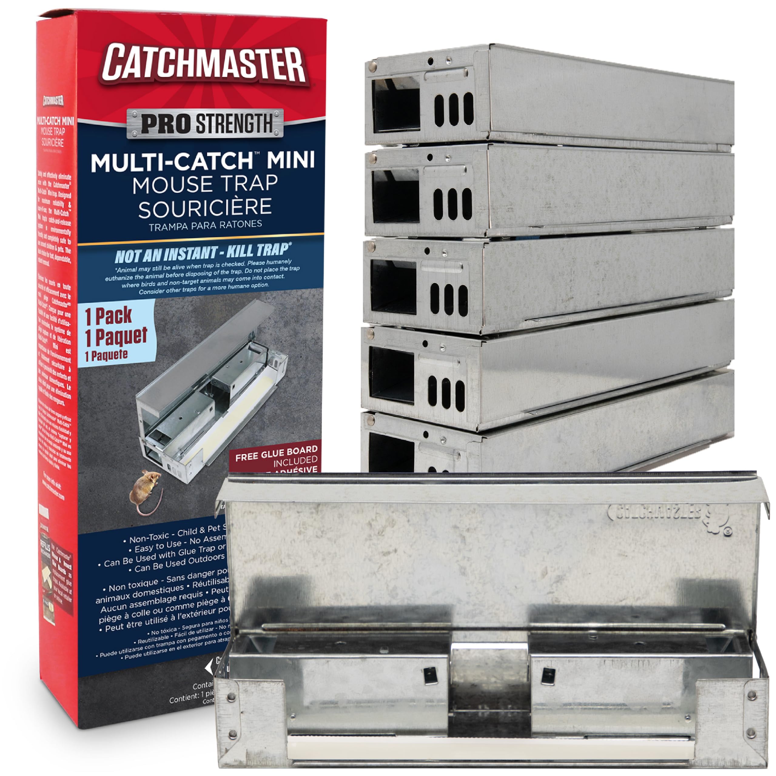 Catchmaster Pro Series Multi-Catch Mini Mouse Trap 6-Pack, Humane Mouse Traps Indoor for Home, Rat Trap Outdoor with Replaceable Glue Boards, Pet Safe Pest Control, Live Trap for Garage & Shed
