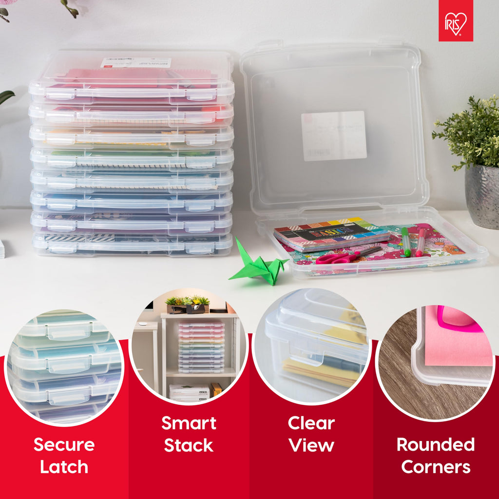 IRIS USA Board Game Storage Craft Organizer Box with Snap-Tight Latch Lid, 10-Pack Portable Plastic Case Bin for Puzzles, Magazines, Hobbies, Art Supplies, Fits 8.5" x 11" & A4 Papers, Slim, Clear