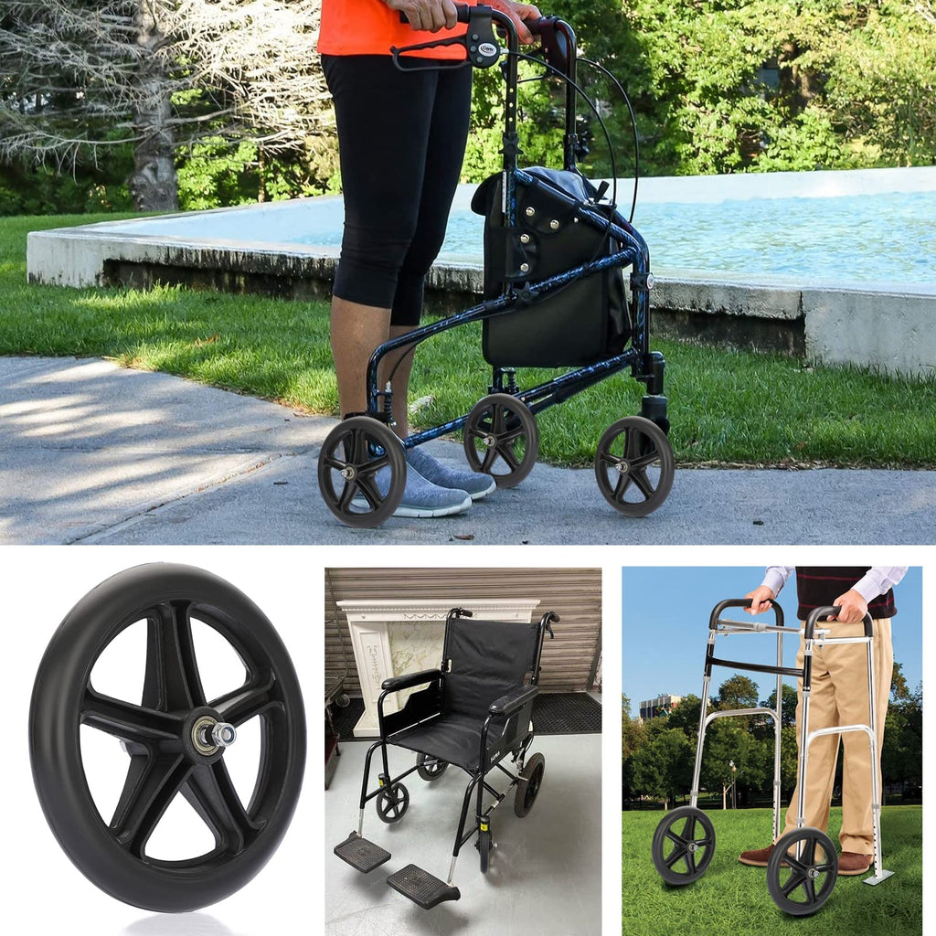 OwnMy 2PCS of 8 Inch Black Rubber Wheelchair Replacement Wheels Wheelchair Front Wheels Anti-Slip Rollator Walker Replacement Casters Rollers Wheels Universal Wheelchair Replacement Wheel Accessories