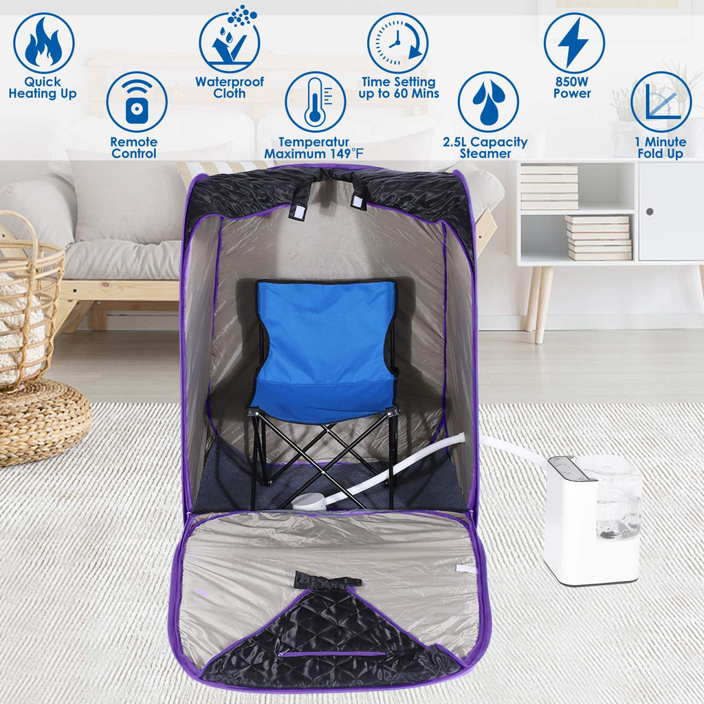 Portable Steam Sauna Spa with Remote Control, 9-Gear Temperature, 60 Minute Timer, Atomization Function, Personal Sauna Tent for Therapeutic Relaxation Detox at Home (31.5 x 31.5 x 40.6In, Purple)