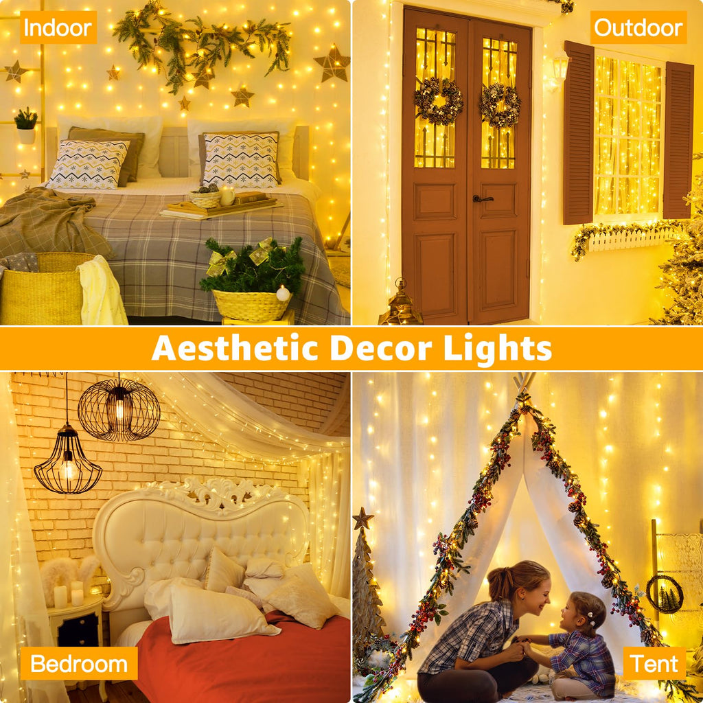 Ollny Christmas Lights 120LED 40FT, Warm White Fairy Lights Waterproof Connectable Timer, 8 Modes Plug in String Lights for Bedroom Outdoor Tree Indoor House Decorations