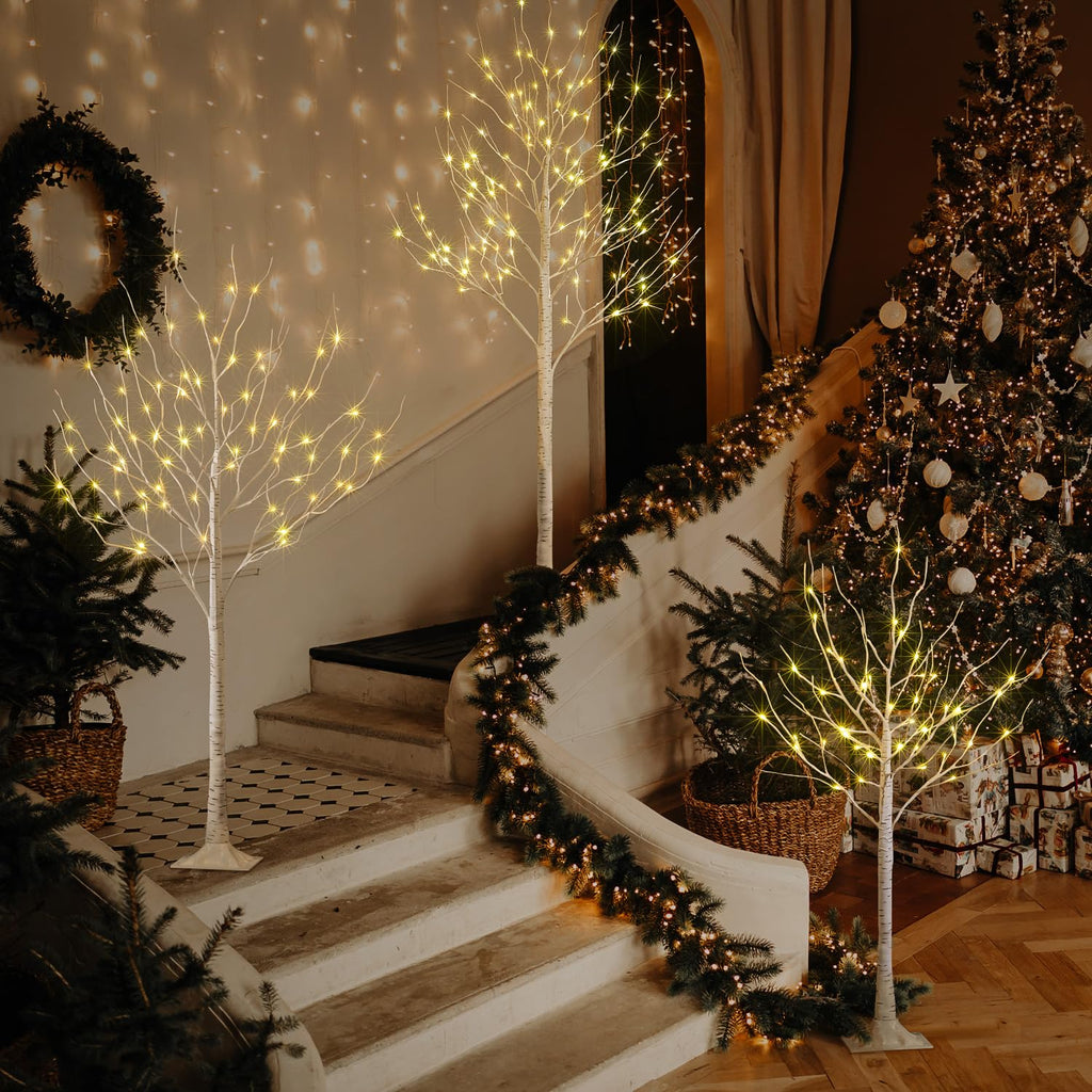 LIGHTSHARE LED Birch Tree Light Set - 4ft, 6ft, 8ft Trees with Warm White Lights - Indoor Outdoor Christmas Wedding Party Decorations (3-Pack)