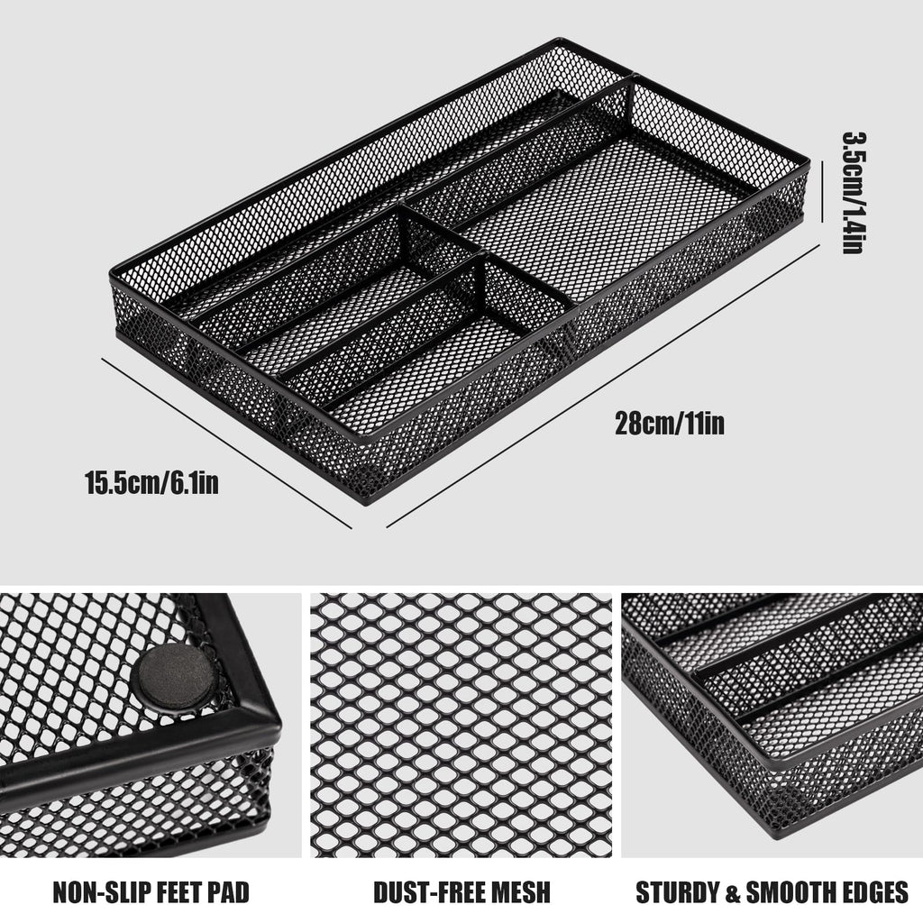 Desk Drawer Organizer Tray,Drawer Organizer for Office and Home,Desk Organizer with Drawers,4 Compartments,Non-Slip Desk Organizers and Accessories for Stationery Makeup School (Black)
