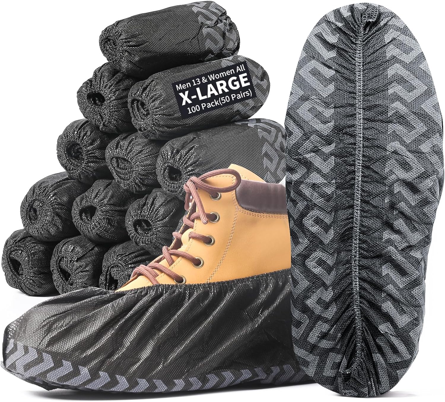 X-Large 50 Pack Shoe Covers Disposable Non-Slip, Black Non-Woven Fabric Boot Covers, Stretchable Fits Up to Size 13 US Men (Black, 100 Pack)