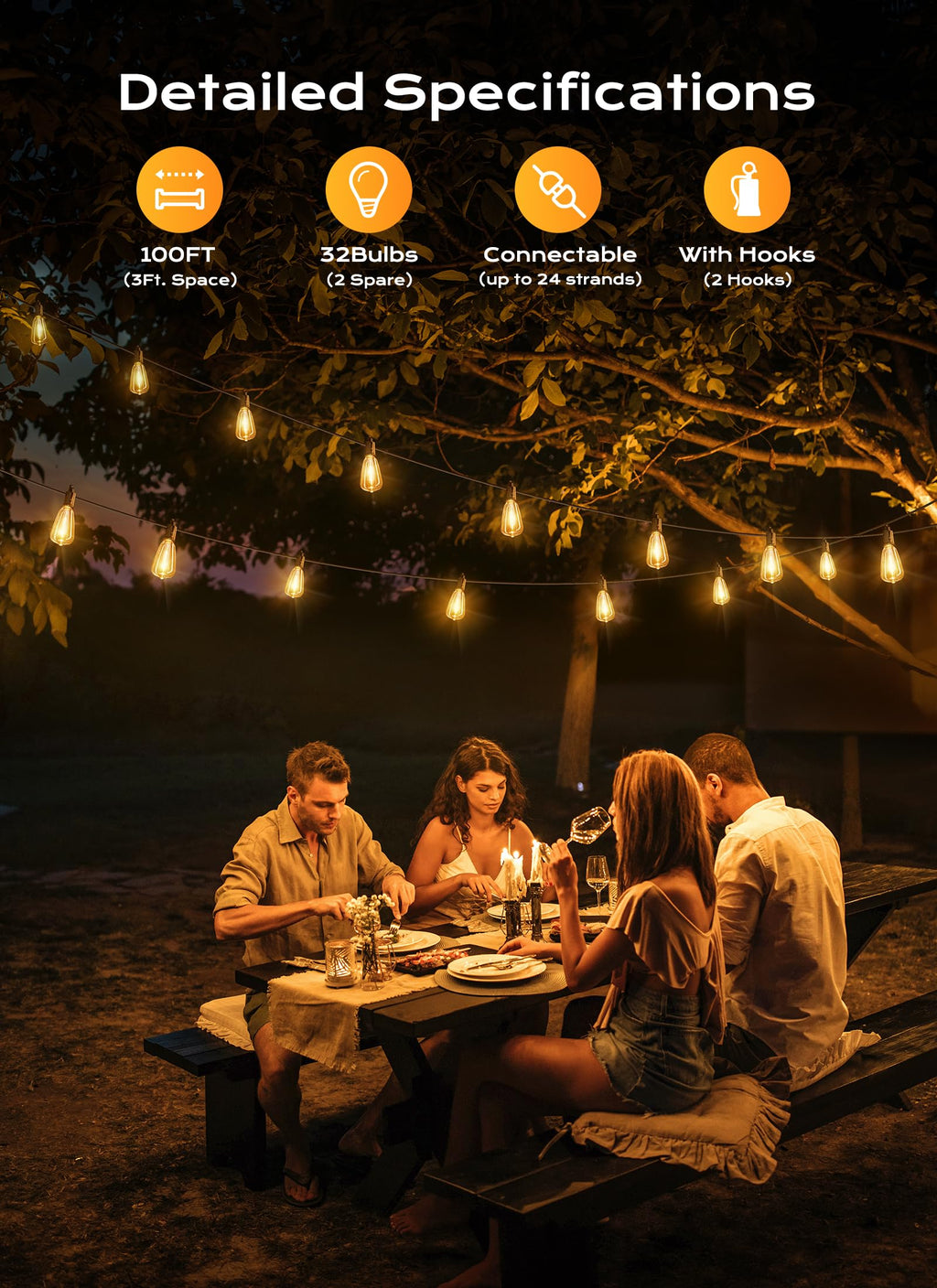 Outdoor-String-Lights-Patio-Lights, 100FT ST38 Shatterproof Dimmable Waterproof Connectable LED Christmas Lights, Hanging Outside Light for Backyard, Porch, Deck, Balcony, Garden, Home Decor