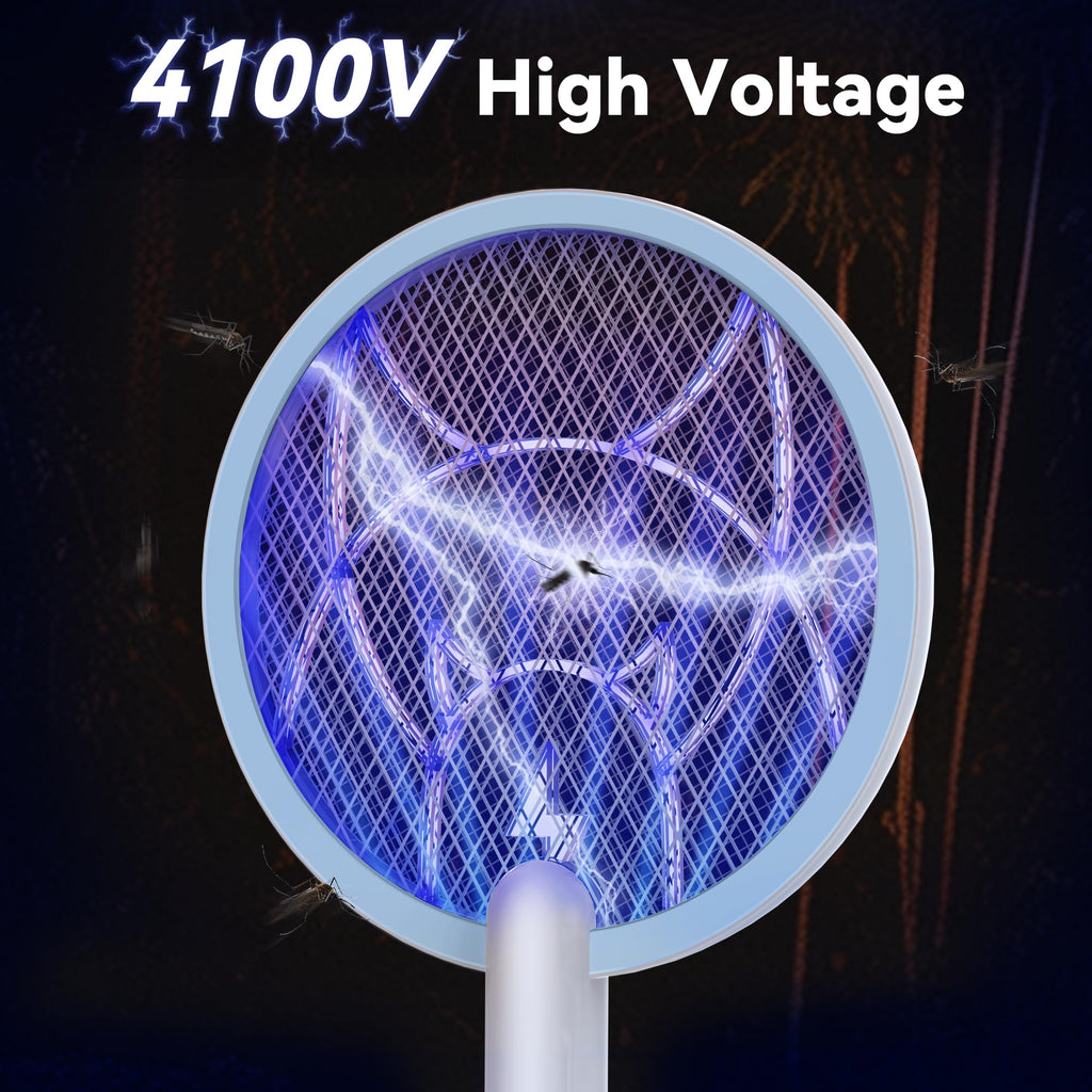 Nymrix Electric Fly Swatter Racket, 2 in 1 Mosquito Bug Zapper 4100V Handheld Mosquito Killer with 1800 mAh Rechargeable Battery, Purple Lightand 3-Layer Safety Mesh for Indoor Outdoor Blue Two-Pack