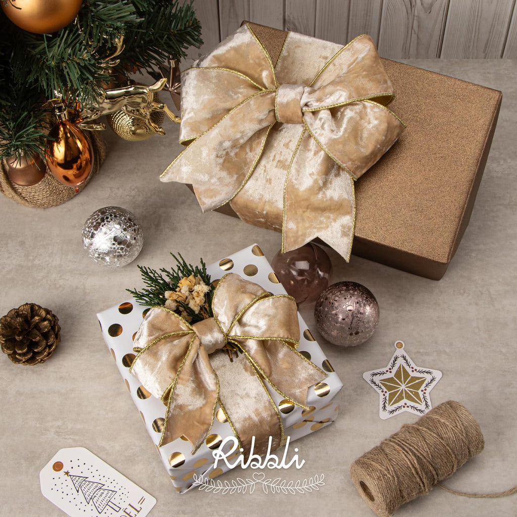 Ribbli Champagne Velvet Wired Ribbon 2.5 Inch Metallic Champagne Gold Crushed Velvet Christmas Ribbon for Gift Wrapping Christmas Tree Decoration Crafts Wreaths Supplies-Continuous 10 Yards