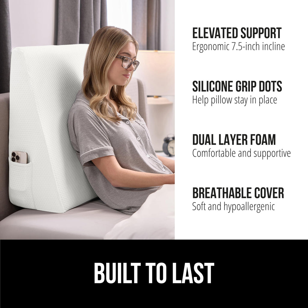 GORILLA GRIP Bed Wedge Ergonomic Sleeping Pillow, Soft Dual Layer Memory Foam, Stay in Place Dots, Breathable Cover, Headboard Triangle Sleep Support for Reading Acid Reflux Anti Snoring, 7.5in White