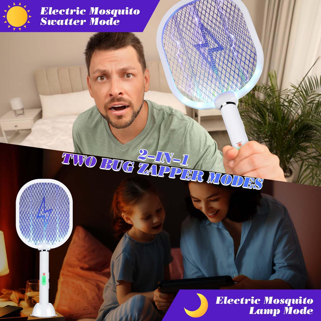 Qualirey 2 Pack Electric Fly Swatter 3000v Bug Zapper Racket 2 in 1 Mosquito Killer with 3 Layers Safety Mesh 20.5 Inch Extra Large USB Rechargeable with 1200mah Battery for Indoor Outdoor(White)