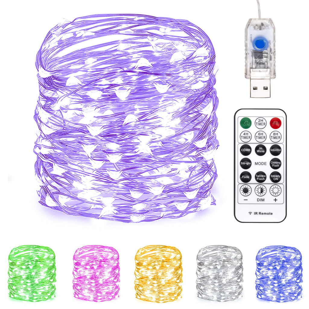 Fairy Lights 66 ft 200 LED USB Twinkle String Lights Plug in Silver Wire Lights with Remote and Timer 8 Modes Outdoor Waterproof Starry Lights DIY Party Wedding Christmas Decoration（Purple）