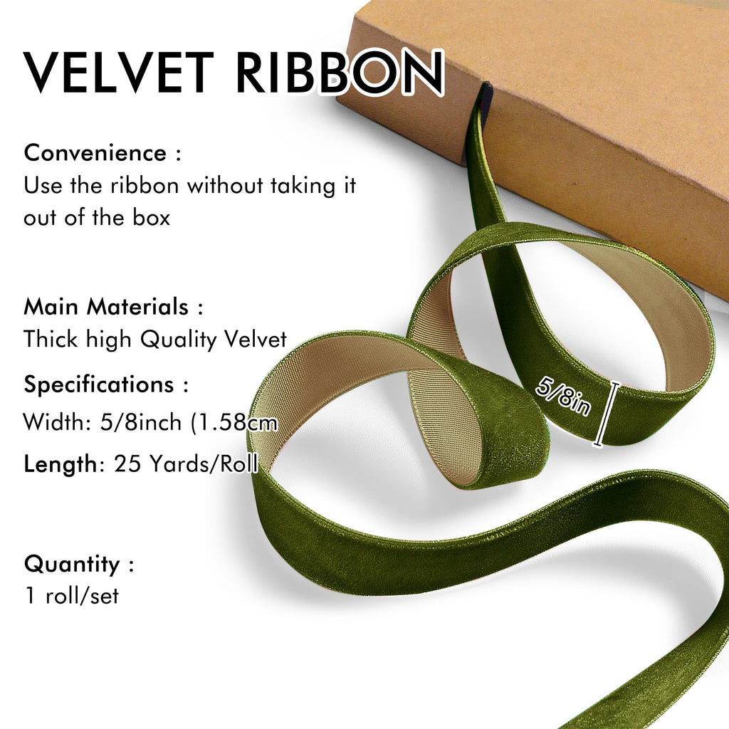 Olive Green Velvet Ribbon 5/8'' 25 Yards for Christmas Tree, Gift Wrapping, Flower Bouquet, Wreath Decorations, Bow Making