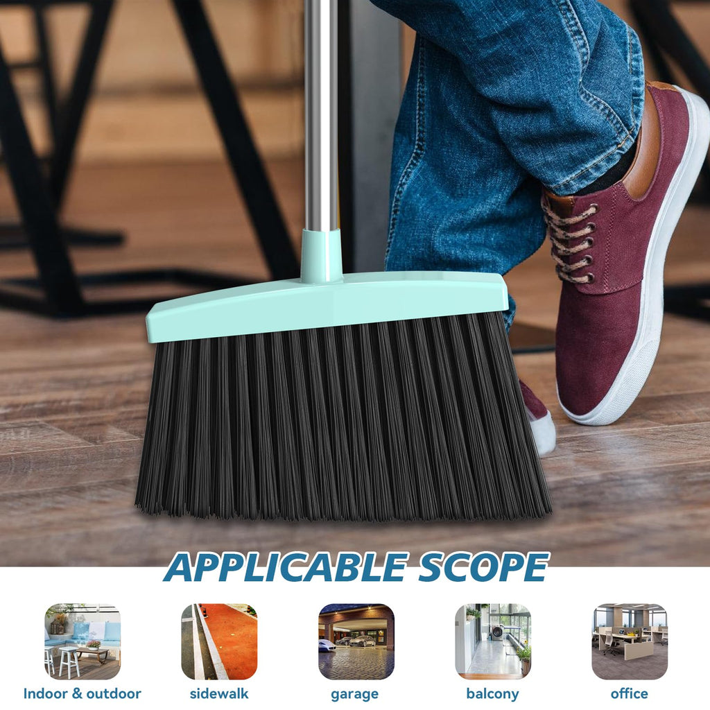 Kelamayi Heavy-Duty Broom Outdoor/Indoor Broom for Floor Cleaning with Long Handle,Large Angle Household Brooms for Home Kitchen Room Pet Hair Office Lobby – Green