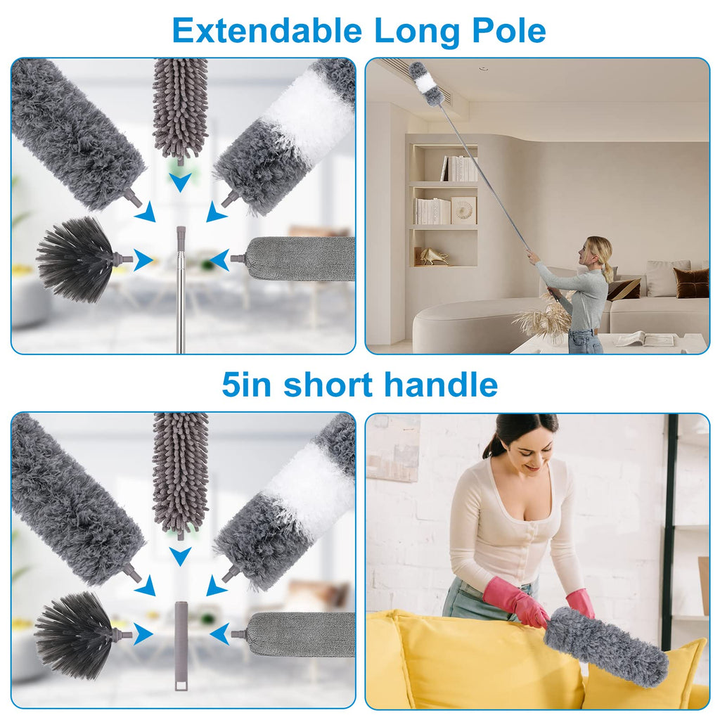Microfiber Extendable Feather Duster (11pcs) with 100" Extension Pole, Washable Reusable Bendable Dusters for Cleaning Ceiling Fan, High Ceiling, TV, Blinds, Cars
