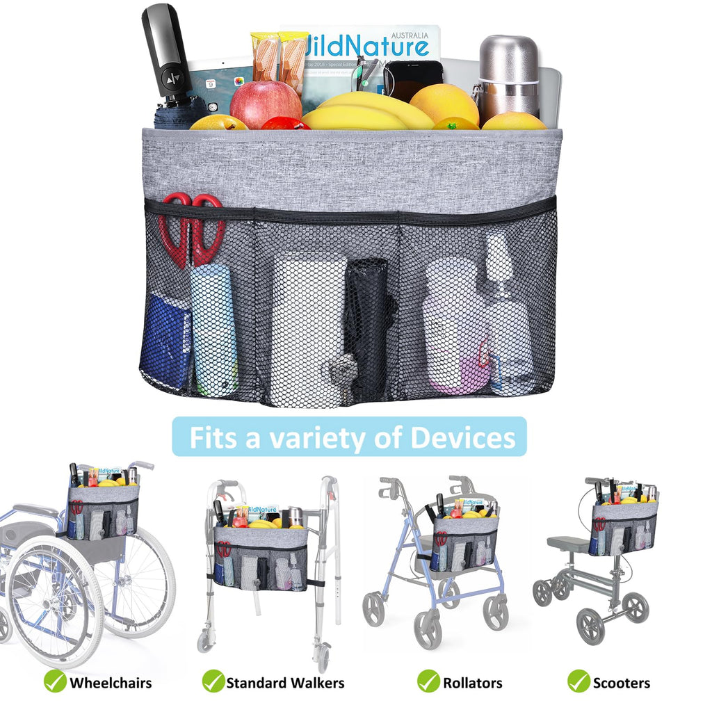 Dotday Walker Bag with Cooler Bag, Water Resistant Storage Bag Walker Accessories with Temperature Controlled Pocket for Seniors, Walker Bag Fit for Walkers, Rollator, Wheelchair & Scooters-Grey