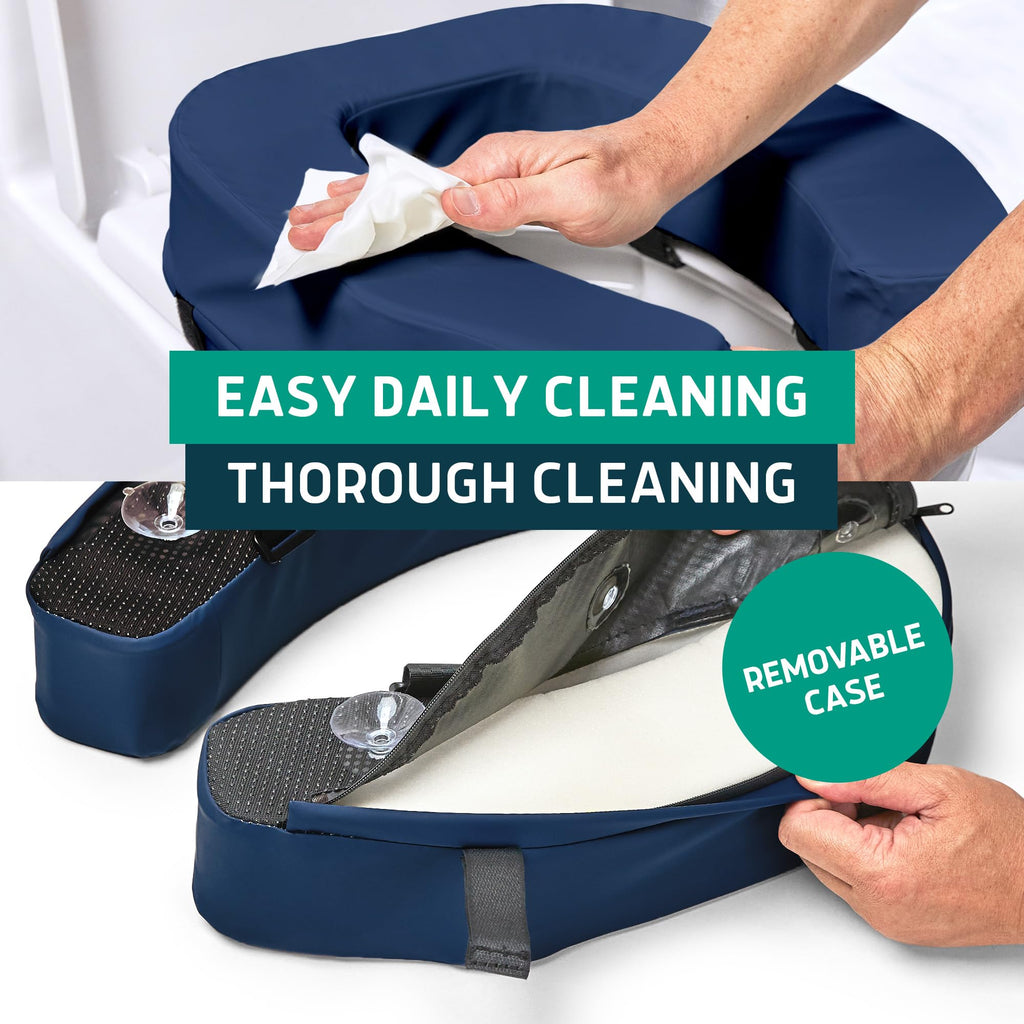 Lunderg Toilet Seat Riser for Seniors - Adds 3 inches. Universal Fit - FIRM Raised Toilet Seat Cushion with High-Density Foam for enhanced Comfort & Elevation. Post-Surgery Must have (Blue)