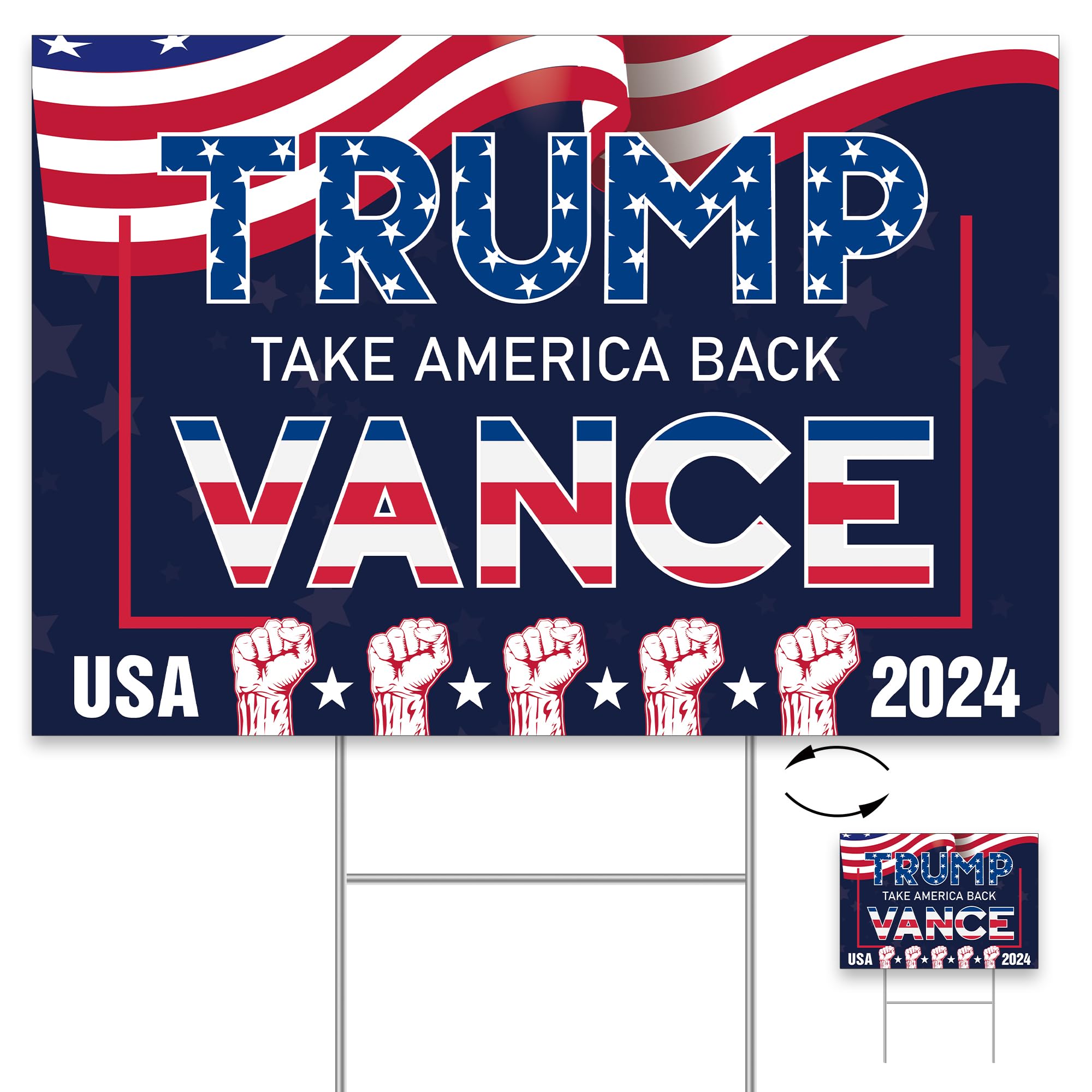 Uflashmi Trump Vance 2024 Yard Sign, Donald Trump JD Vance Yard Signs with Metal H Stake, Take America Back Signs for Yard, 12x18 Inch, Double-sided