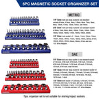 WORKPRO Magnetic Socket Organizer Set, 6-Piece Socket Holder Set Includes 1/4", 3/8", 1/2" Drive Metric SAE Socket Trays, Holds 143 Pieces Sockets, Christmas Gift for Men(Socket not Included)