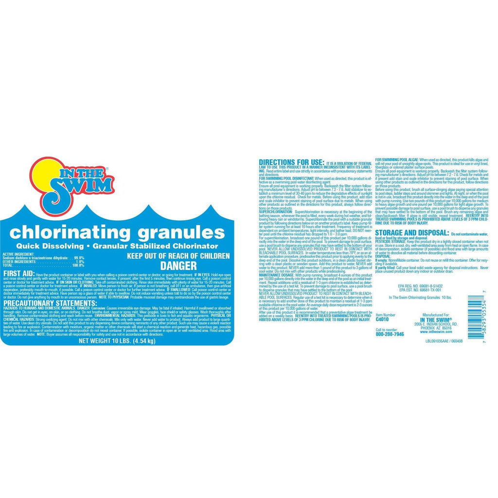 In The Swim Sodium Dichlor Chlorine Shock Granules for Sanitizing Swimming Pools – Fast Dissolving, pH Balanced Sanitizer - 56% Available Chlorine, 99% Sodium-Dichlor – 25 Pound
