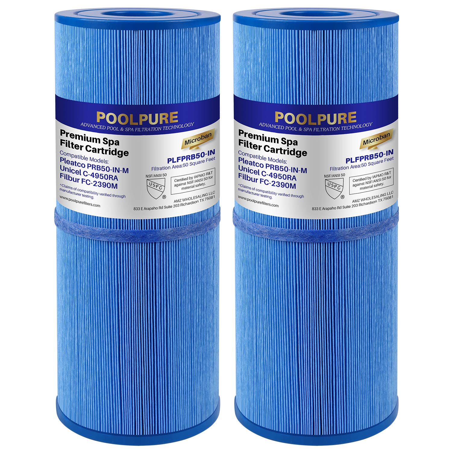 POOLPURE Antimicrobial Spa Filter Replacement for Pleatco PRB50-IN-M, Unicel C-4950RA, Guardian 413-212-02, Filbur FC-2390M,17-2380,Jacuzzi J200 Series Filter,373045, 5X13 Hot Tub Filter, 2 Pack
