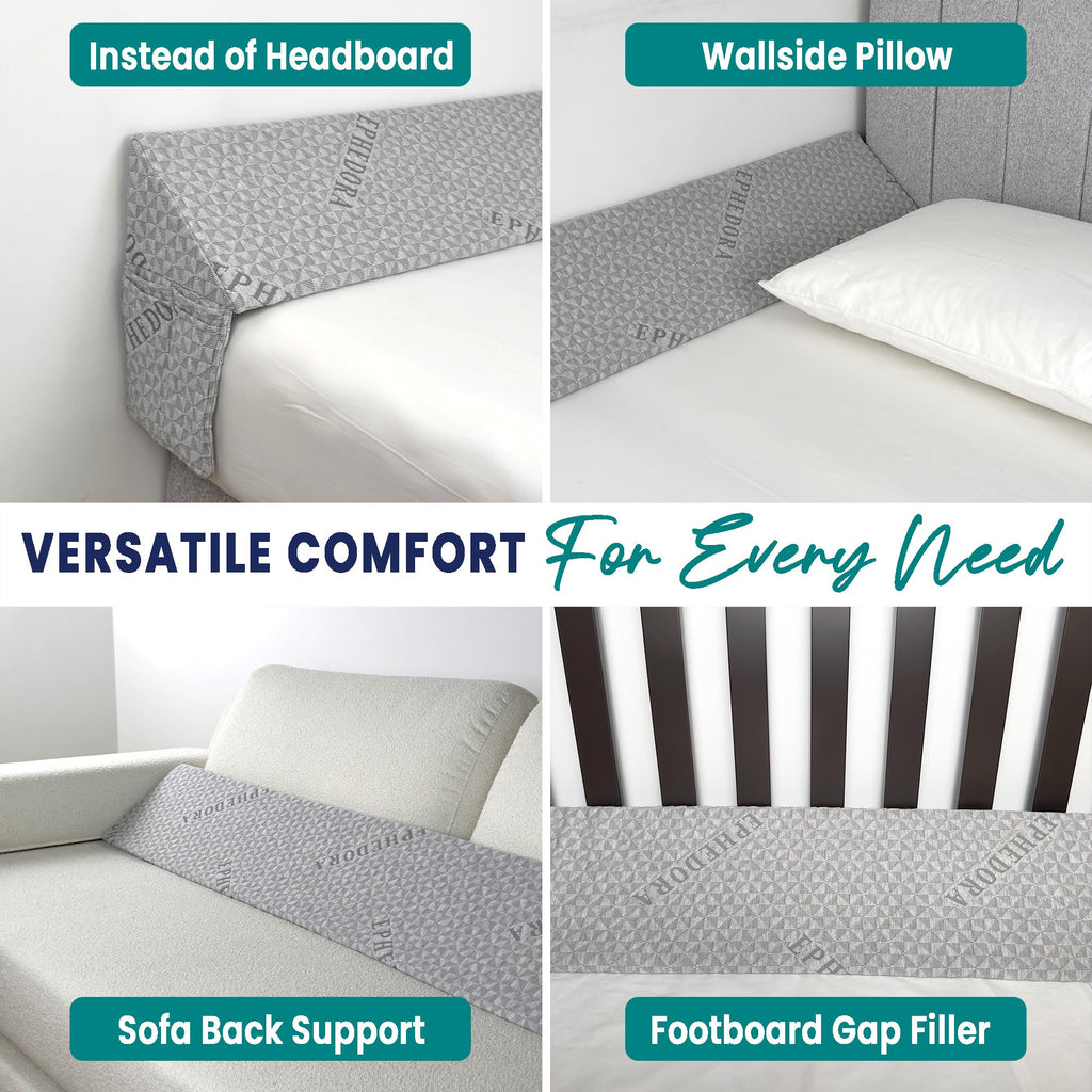 EPHEDORA Bed Wedge Pillow for Headboard Gap Filler Twin & Twin XL Size - High Density Memory Foam Headboard Pillow Wedge Prevents Items Falling - Triangle Mattress Spacer with Pockets
